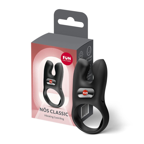 На фото эрекционное виброкольцо с двойной стимуляцией клитора Fun Factory NŌS CLASSIC Black, 2 мотора