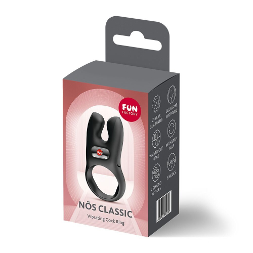 На фото эрекционное виброкольцо с двойной стимуляцией клитора Fun Factory NŌS CLASSIC Black, 2 мотора