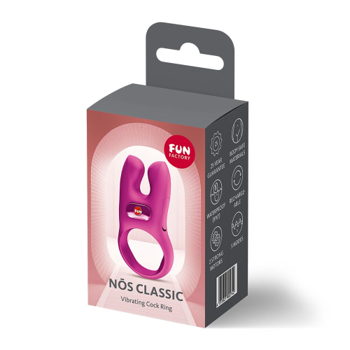 На фото эрекционное виброкольцо с двойной стимуляцией клитора Fun Factory NŌS CLASSIC Magenta, 2 мотора