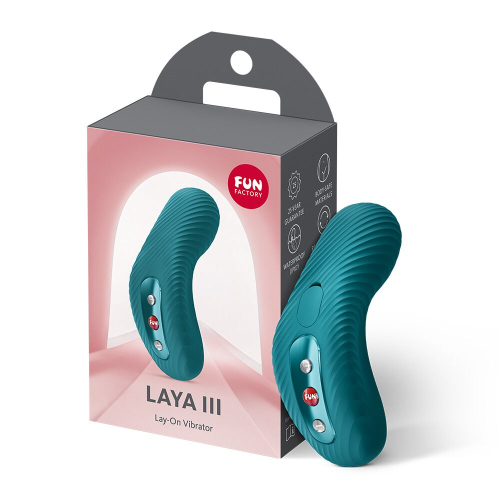 На фото накладний вібратор Fun Factory LAYA III Bottle Green, ефект постукування пальцем