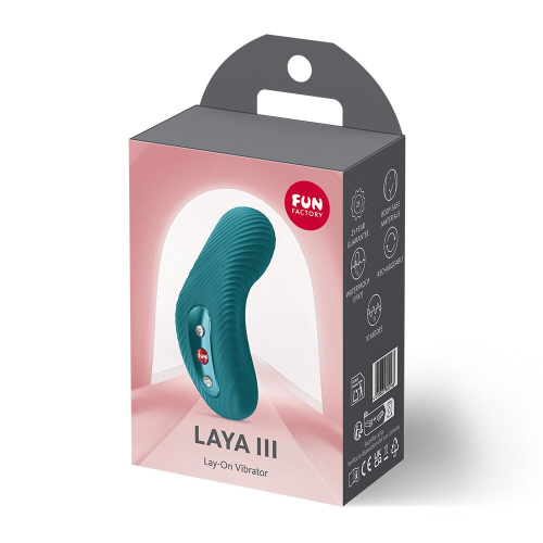 На фото накладний вібратор Fun Factory LAYA III Bottle Green, ефект постукування пальцем
