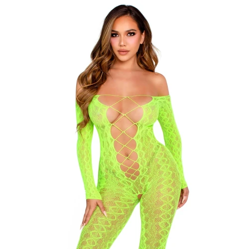 На фото бодистокинг Leg Avenue Crotchless Footless Lingerie Bodystocking One Size Neon Green