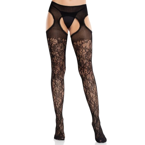 Колготки Leg Avenue Cross Hatch Floral Lace Suspender Hose One Size 