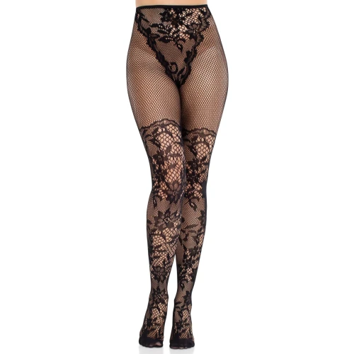На фото колготки Leg Avenue Dahlia Lace Tights with Net Thigh Detail One Size