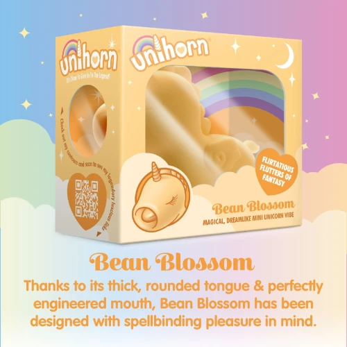 На фото желтый вибратор-единорожка Unihorn – Bean Blossom, пульсирующий язычок