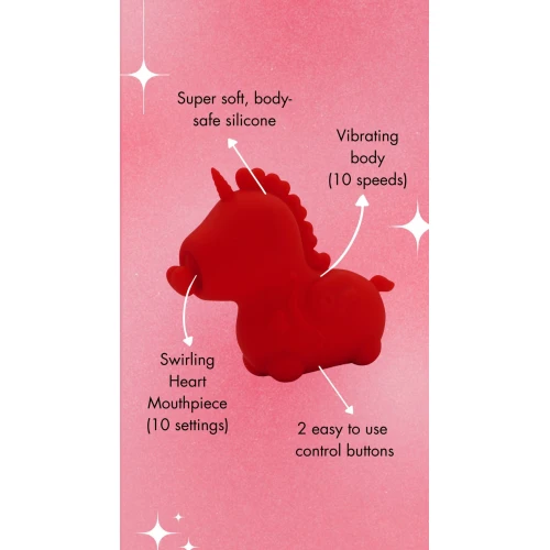 На фото червоний вібратор-єдиноріжка Unihorn – Cupid's Beau, масажувальний язичок-сердечко 