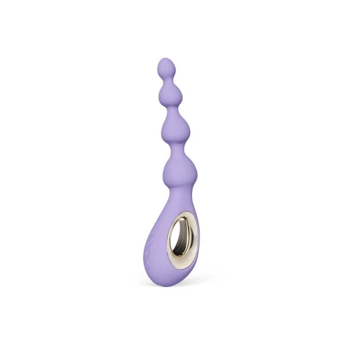 На фото изображены анальные бусы с вибрацией LELO Soraya Beads Violet Dusk, разный диаметр бусин, 8 режимов