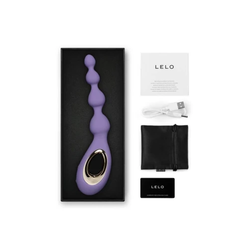 На фото изображены анальные бусы с вибрацией LELO Soraya Beads Violet Dusk, разный диаметр бусин, 8 режим