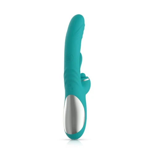 На фото изображен бирюзовый вибратор-кролик Good Vibes Only - Lisa Thrusting Rabbit Vibrator with G-