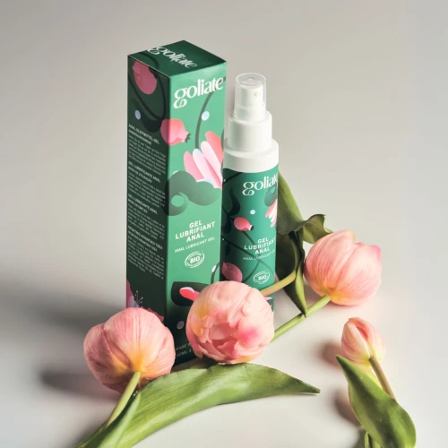 На фото изображен зеленый анальный лубрикант Goliate Gel Lubrifiant Anal 100 мл, расслабляющий, веган-фр