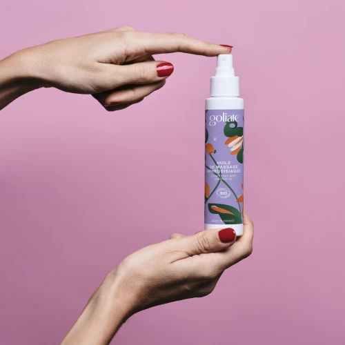 На фото фиолетовое массажное масло Goliate Huile De Massage Aphrodisiaque 100 мл, органическое, согревающи