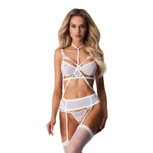 на фото білий комплект Obsessive Premisis White 3-pcs crotchless set L/XL 
