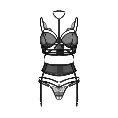 на фото зображений чорний сексуальний комплект Obsessive Premisis Black 3-pcs crotchless set S/M 