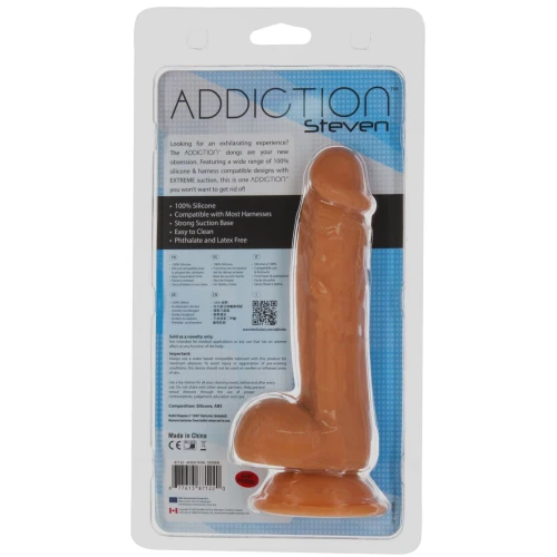 На фото фаллоимитатор ADDICTION Steven 7.5" Silicone Dong Caramel, виброшар в пода