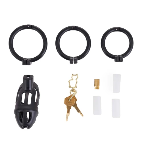 На фото клетка для пениса LOCKINK SEVANDA Plastic Penis Chastity Cage, черная, 3 кольца разных размеров