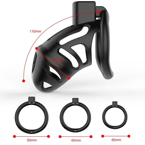 На фото клетка для пениса LOCKINK SEVANDA Plastic Penis Chastity Cage, черная, 3 кольца разных размеров