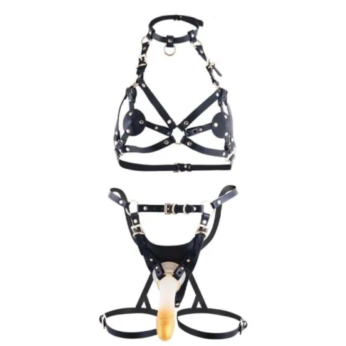 На фото сбруя со страпоном LOCKINK SEVANDA Queen Sheba Set with Golden Dildo