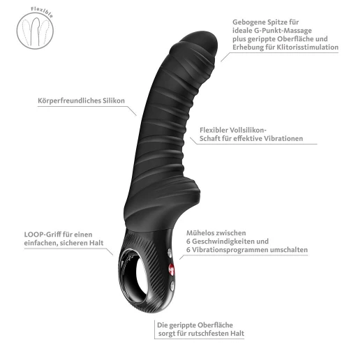 На фото вибратор для точки G Fun Factory TIGER Black, ребристый, подходит для анальной стимуляции