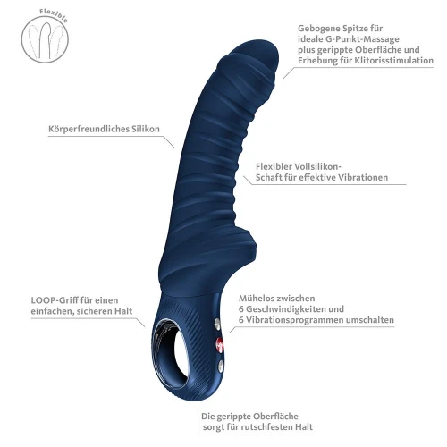 На фото вибратор для точки G Fun Factory TIGER Nightblue, ребристый, подходит для анальной стимуляции