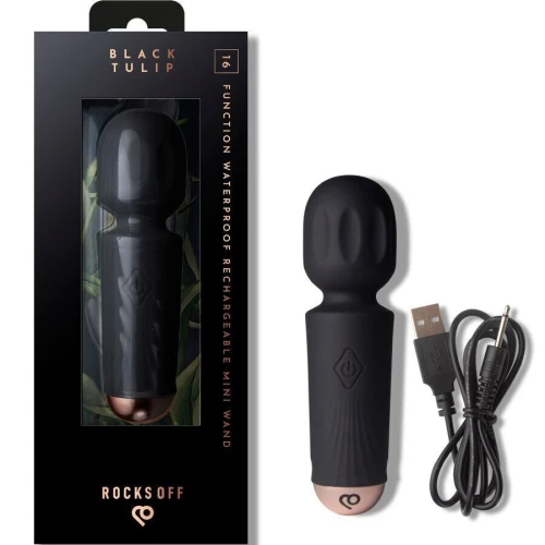 На фото вібромасажер Rocks Off Mini Wand Black Tulip, 16 режимів