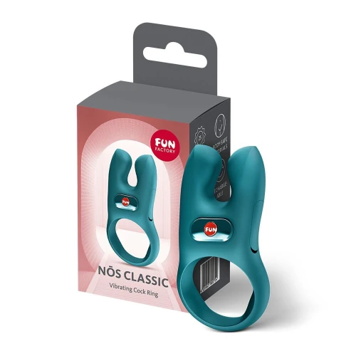 На фото ерекційне віброкільце з подвійною стимуляцією клітора Fun Factory NŌS CLASSIC Bottle Green, 2 мотори