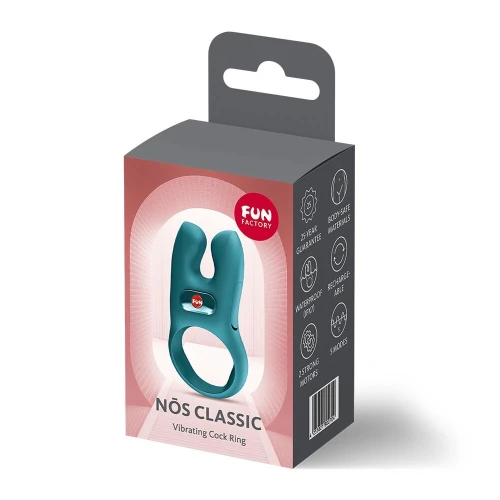 На фото ерекційне віброкільце з подвійною стимуляцією клітора Fun Factory NŌS CLASSIC Bottle Green, 2 мотори