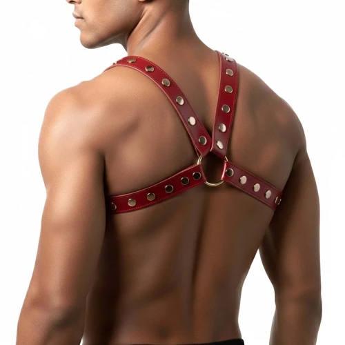 На фото мужская портупея Art of Sex - Spartacus, экокожа, цвет красный, размер L-2XL