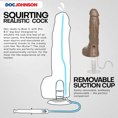 На фото заканчивающий фаллоимитатор Doc Johnson The Realistic Cock ULTRASKYN - Squirting 9,5 Inch Caramel