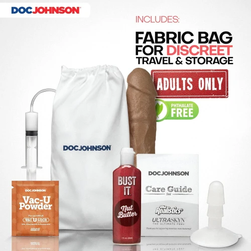 На фото заканчивающий фаллоимитатор Doc Johnson The Realistic Cock ULTRASKYN - Squirting 9,5 Inch Caramel