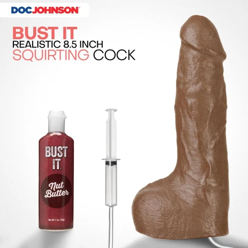 На фото заканчивающий фаллоимитатор Doc Johnson The Realistic Cock ULTRASKYN - Squirting 9,5 Inch Caramel