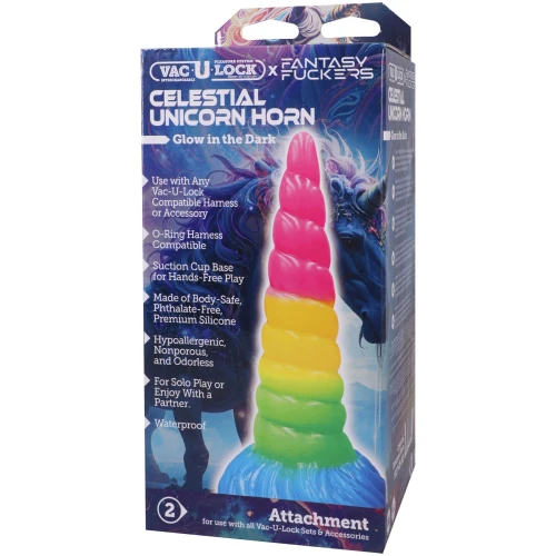 На фото фэнтезийный фаллоимитатор Doc Johnson Vac-U-Lock x Fantasy Fuckers Celestial Unicorn Horn