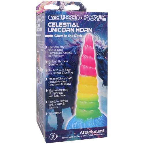 На фото фэнтезийный фаллоимитатор Doc Johnson Vac-U-Lock x Fantasy Fuckers Celestial Unicorn Horn