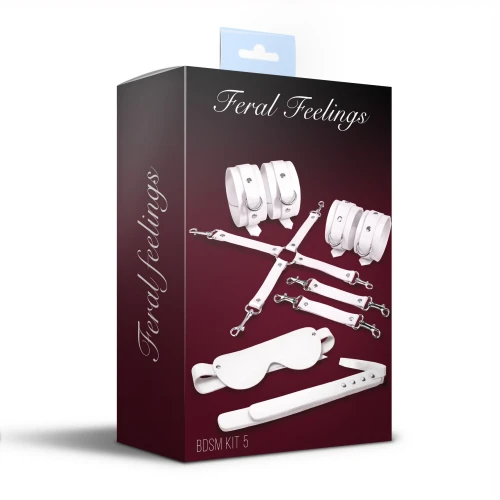На фото набор Feral Feelings BDSM Kit 5 White, наручники, поножи, крестовина, маска, падл