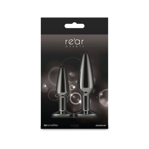 На фото набір анальних пробок NS Novelties Rear Assets - Tapered Trainer Kit - Gunmetal - Black