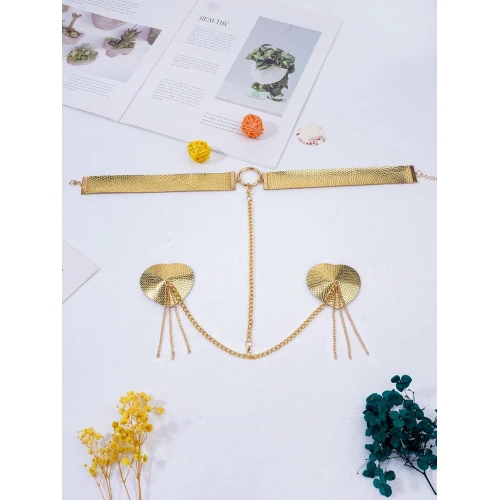 На фото пестис-сердечка з кистями та чокером JSY Nipple Sticker RT236114 Golden