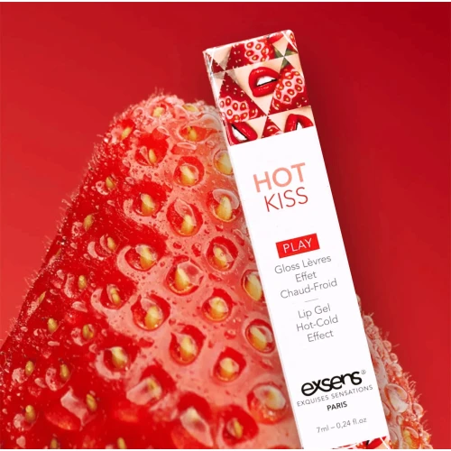 На фото стимулюючий блиск для губ EXSENS Strawberry Hot Kiss 7 мл, зігріває та охолоджує