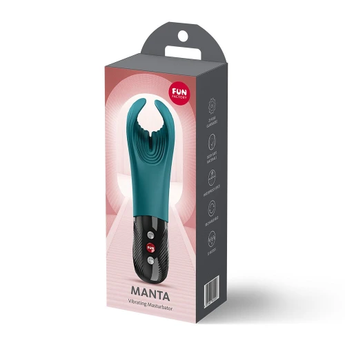 На фото вибратор для пениса Fun Factory MANTA Bottle Green подходит для парных игр.