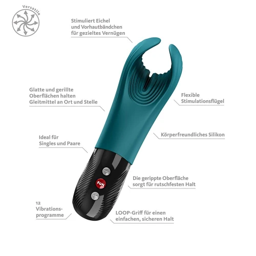 На фото вибратор для пениса Fun Factory MANTA Bottle Green подходит для парных игр.
