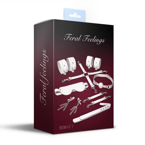 На фото набор Feral Feelings BDSM Kit 7 White, наручники, поножи, коннектор, маска, падл, кляп, зажимы