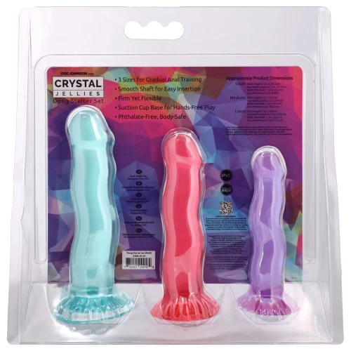 На фото набір фалоімітаторів Doc Johnson Crystal Jellies - Dong Starter Set - Purple, Pink, Green