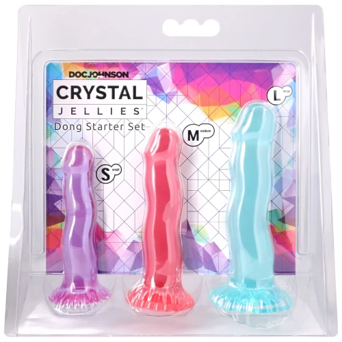  На фото набір фалоімітаторів Doc Johnson Crystal Jellies - Dong Starter Set - Purple, Pink, Green