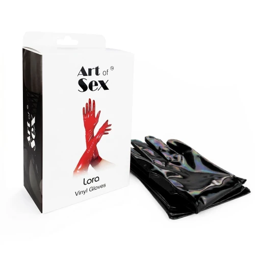 На фото глянцевые перчатки виниловые Art of Sex - Lora, размер S, цвет черный с эффектом голограммы