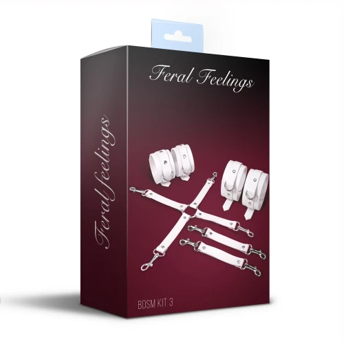 На фото набор для БДСМ Feral Feelings BDSM Kit 3 White, наручники, поножи, крестовина