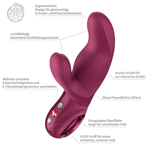 На фото вібратор-кролик Fun Factory MISS BI Wine Red, 2 незалежні мотори, діаметр 4,2 см