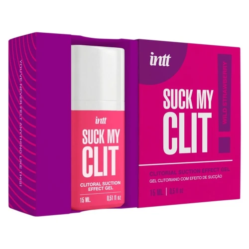 На фото смоктайзер для клитора Intt Suck My Clit Wild Strawberry (15 мл), клубника, гель с эффектом посасывания