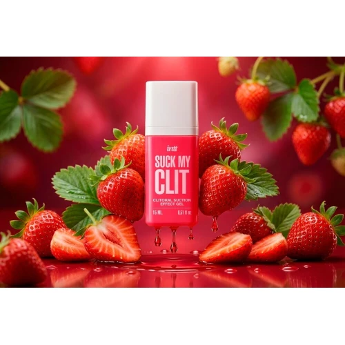 На фото смоктайзер для клитора Intt Suck My Clit Wild Strawberry (15 мл), клубника, гель с эффектом посасывания