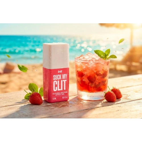 На фото смоктайзер для клитора Intt Suck My Clit Wild Strawberry (15 мл), клубника, гель с эффектом посасывания