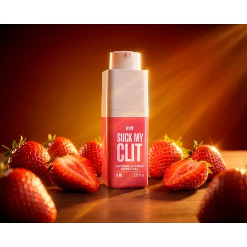 На фото смоктайзер для клитора Intt Suck My Clit Wild Strawberry (15 мл), клубника, гель с эффектом посасывания