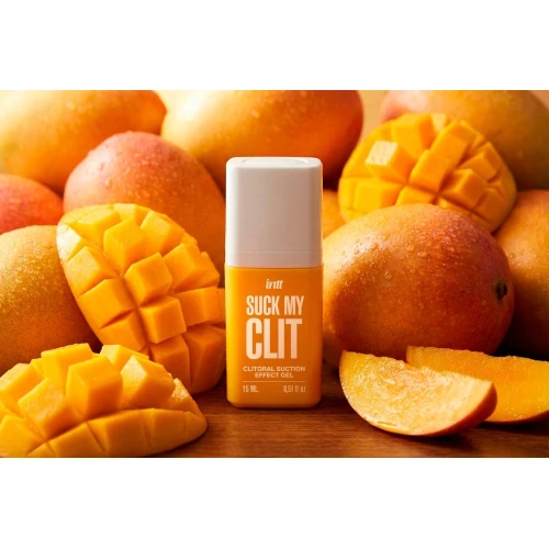 На фото смоктайзер для клитора Intt Suck My Clit Tropical Mango (15 мл), манго, гель с эффектом посасывания