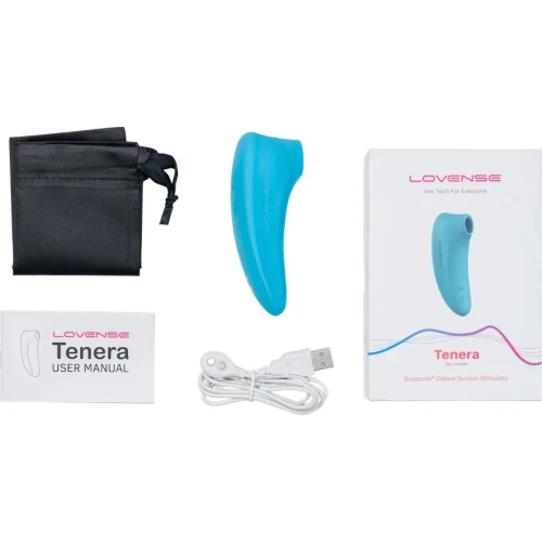На фото изображен голубой вакуумный вибратор для оральных игр Lovense Tenera для женщин на белом фоне.